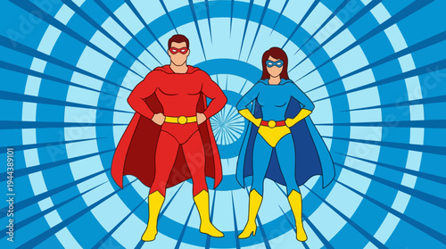 Two comic book style superheroes, a man in red and a woman in blue, standing confidently against a dynamic blue radial burst background.