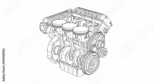 Detailed mechanical illustration of a multi-cylinder internal combustion engine