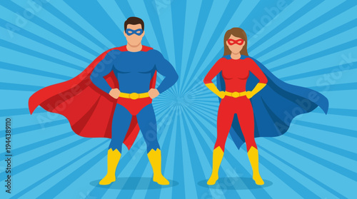 Two cartoon superheroes, a man and a woman, standing confidently in their costumes with capes against a vibrant blue radial background.