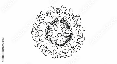 Detailed monochrome illustration of a virus particle with spikes