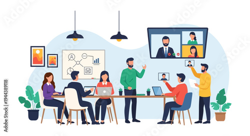 Hybrid Business Meeting Illustration: Team Collaboration, Video Conference, and Strategy Session in a Modern Office Environment