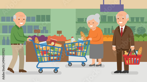 Elderly people shopping for groceries in a supermarket aisle with full carts and baskets, depicting a common daily routine.