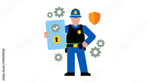 Police officer standing with security and system management icons, representing protection and law enforcement.