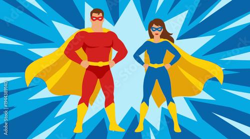Male and female superheroes in classic costumes standing confidently against a dynamic blue starburst background, ready for action.