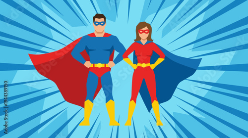A man and a woman dressed as superheroes with capes and masks stand confidently against a blue radial burst background.