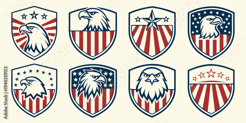 Eight different versions of the united states shield with various color schemes