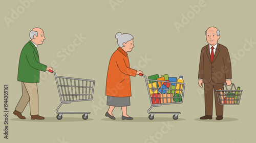 Three elderly people shopping, with one man pushing an empty cart, a woman pushing a full cart, and another man holding a basket.