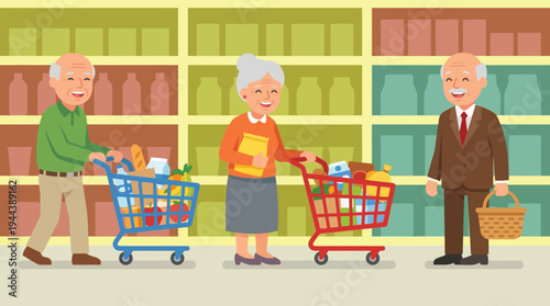 Elderly people shopping for groceries in a supermarket aisle with full carts and a basket.