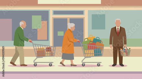 Elderly people shopping for groceries outside a supermarket with full carts and baskets, depicting daily life.