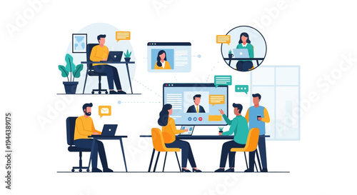 Virtual Team Collaboration & Remote Work Concept: People Engaging in Online Meetings, Video Conferences, and Digital Communication from Various Locations.
