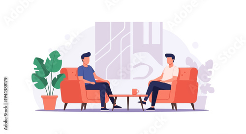 Two Men Discussing in Armchairs with Coffee. Meeting, Therapy, or Casual Conversation. Flat Vector Illustration.