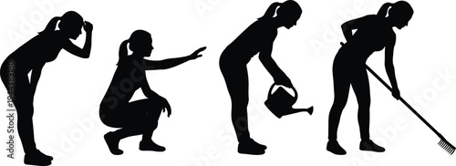 Gardening woman silhouettes set showing watering plants raking leaves and caring for garden isolated vector illustration for gardening lifestyle concept