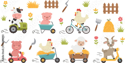 Cute Farm Animals on Vehicles Illustration Set Featuring Cow, Pig, Chicken, Sheep, and Goat for Kids Farm Designs