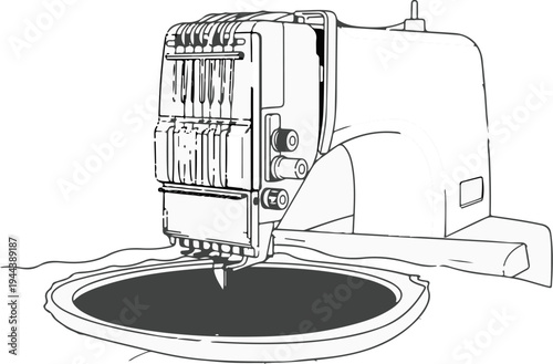 Detailed outline of a multi-needle embroidery machine with hoop