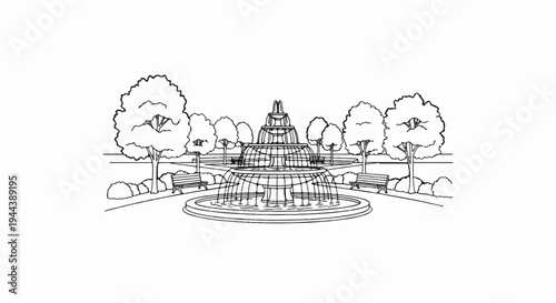 Detailed line drawing of a grand tiered fountain surrounded by trees and benches