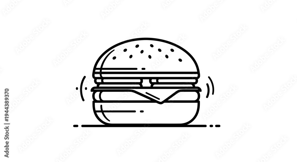 Fototapeta premium Minimalist line art illustration of a delicious hamburger, fast food icon, isolated on white background.