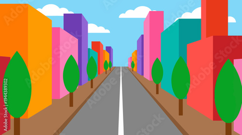 Vibrant cartoon city street with colorful buildings and trees along a straight road under a blue sky, illustrating perspective.