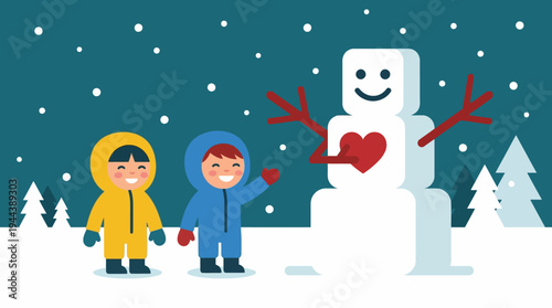 Two happy children in warm snowsuits building a snowman with a red heart in a snowy winter landscape.