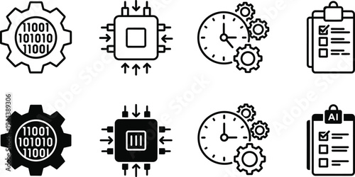 Editable outline icons collection gear microchip clock clipboard editable symbols