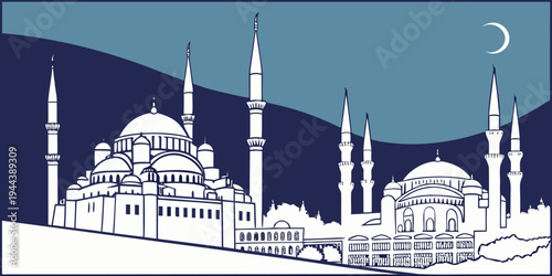 Majestic mosque with domes and minarets under a starry night sky with mountains in the background