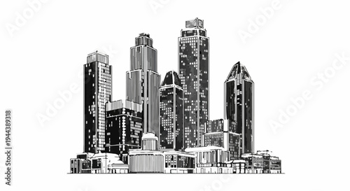 Detailed sketch of a city skyline with illuminated skyscrapers at night