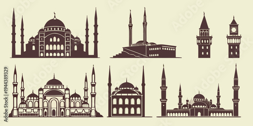 Assorted architectural landmarks and structures from different cultures and time periods
