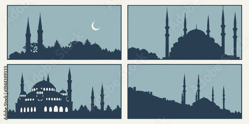 Four distinct silhouettes of iconic mosques under various sky conditions