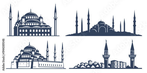 Four distinct mosques showcasing traditional islamic architecture and design