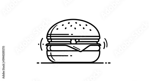 Minimalist line art illustration of a delicious hamburger, fast food icon, isolated on white background.