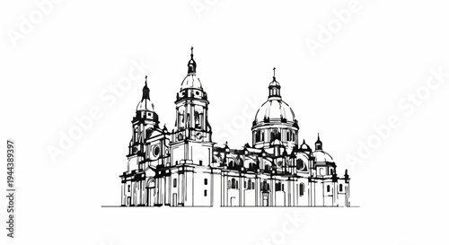 Detailed sketch of a large cathedral with multiple domes and spires