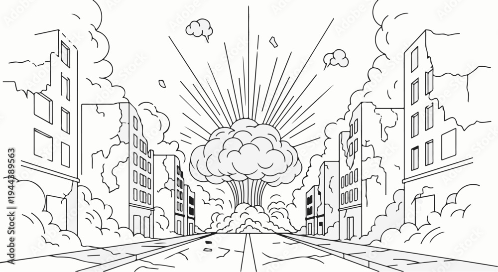 Obraz premium Devastated city street scene with a massive explosion and smoke clouds