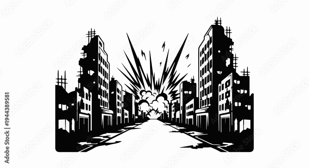Obraz premium Devastation unfolds in a monochrome urban streetscape during a massive explosion