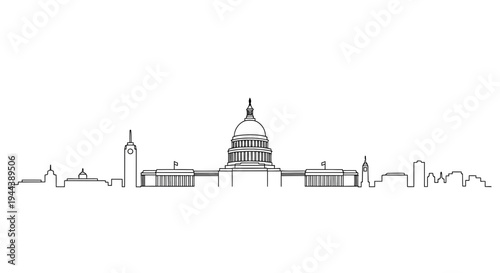 Minimalist Line Art Skyline of a Government Building with Dome and Tower