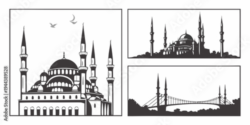 Three iconic landmarks of istanbul: hagia sophia, blue mosque, and bosphorus bridge