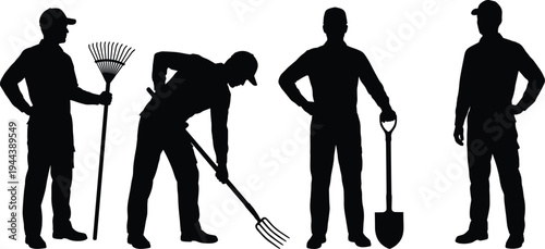 Garden workers silhouettes with rake and shovel illustration showing landscaping and gardening labor activities isolated on white background