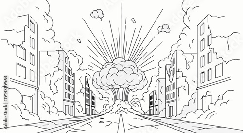 Devastated city street scene with a massive explosion and smoke clouds