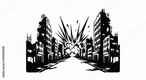 Devastation unfolds in a monochrome urban streetscape during a massive explosion