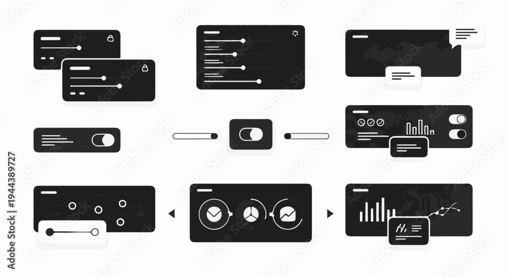 Fototapeta premium Digital interface elements showing sliders, toggles, charts, and graphs