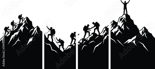 Mountain climbing silhouettes team reaching summit, success achievement concept, teamwork adventure and leadership goal accomplishment illustration