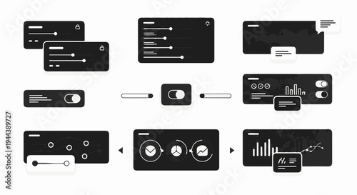 Digital interface elements showing sliders, toggles, charts, and graphs