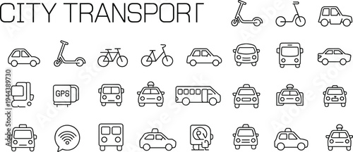 City transport line icon set featuring cars, taxis, buses, scooters, bicycles, GPS and WiFi symbols for urban mobilityCity transport line icon set featuring cars,