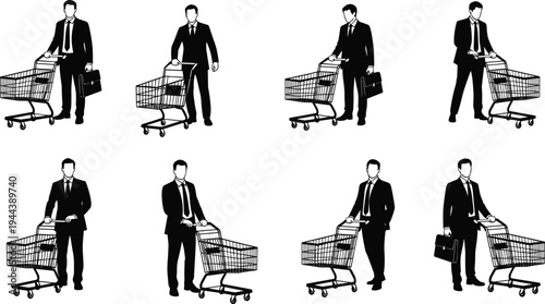 Businessman shopping with supermarket cart silhouette set, professional man in suit pushing trolley with briefcase, retail consumer behavior vector illustration collection isolated