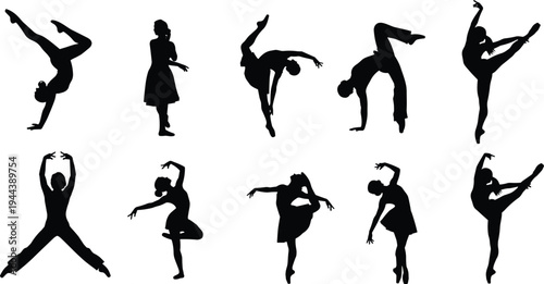 Dance silhouettes collection, ballet and contemporary dancers performing dynamic artistic poses, choreography performance and expressive movement concept