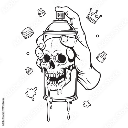 Hand Holding Skull Spray Paint Can Street Art Vector