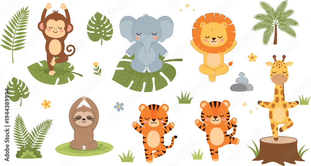 Fototapeta premium Cute Animal Yoga Set Featuring Monkeys, Elephants, Lions, Tigers, Sloths, and Giraffes in Peaceful Poses for Kids' Wellness and Activity Designs