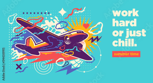 Conceptual summer illustration in a colorful abstract style with an airplane. Vector illustration.