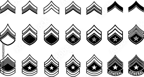 Set of icons of military army ranks from private to generals, military ranks of the army, black silhouettes.
