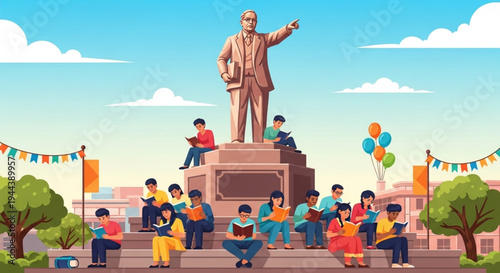 A vibrant community of young minds engaged in reading and learning around a majestic monument, symbolizing the profound impact of education and knowledge