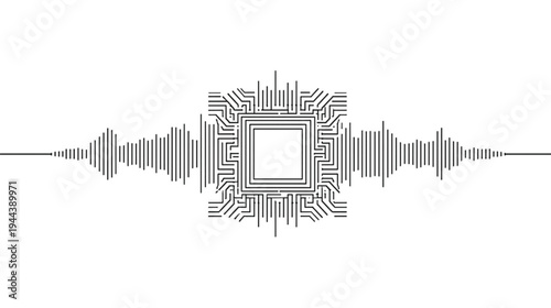 A hand-drawn vector illustration features computer equipment like a mouse and cable set against an urban city skyline with towering skyscrapers and architectural buildings under a night sky