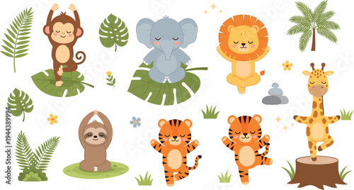 Cute Animal Yoga Set Featuring Monkeys, Elephants, Lions, Tigers, Sloths, and Giraffes in Peaceful Poses for Kids' Wellness and Activity Designs